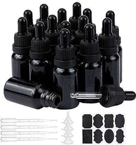 BENECREAT 15 PACK 15ml Black Glass Bottles with Dropper Pipettes Refillable Essential Oil Dropper Bottle with 8PCS Labels, 4PCS Hoppers and 10PCS Droppers for Aromatherapy Cosmetics