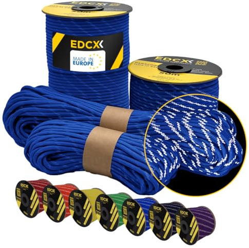 EdcX Reflective Paracord 550 4mm, 13 Colors, Hi-Vis (15m, 30m, 50m) | Reflective Blue, 50 m – 100% Nylon 4mm, Type III 7 strand | Night Visibility, Camping, Guy Lines | Made in EU