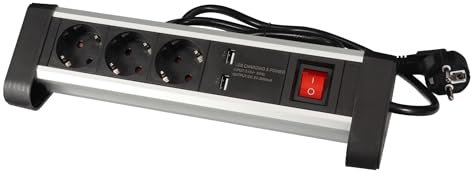 Perel Multiprise avec Interrupteur 2 Ports USB 3 Prises, Bloc multiprise parafoudre, 3 Prises électrique Type F Schuko Mise à la Terre, câble de 1.5, 3G1.5, Usage intérieur, Noir/Gris