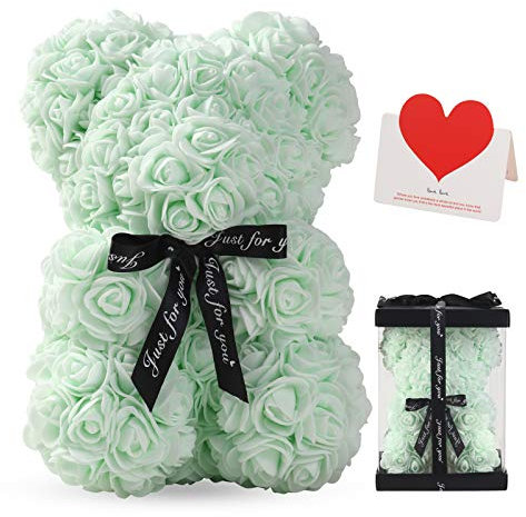 LINKLO Rose Bear Rose Teddy Bear -10 inch Artificial Rose Flower Bear, Gift for Wedding, Mothers Day and Anniversary, Including Transparent Gift Box (Light Blue)