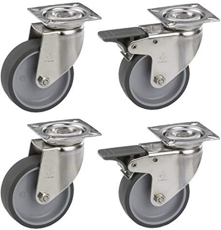 Dörner + Helmer Apparaterollen ø 75 mm (4 Stück, 2X mit Bremse, TPE-Rad, Platte 60x60 mm, Tragkraft 150 kg, Möbelrollen, Lenkrollen) 450260, Metall