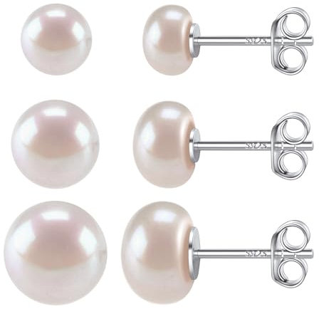 Lot de Boucles doreilles Perles pour Femme 3 Paires Clou d'oreilles Argent 925 avec Perle Blanche Grosses 6 + 8 + 10 mm - Bijoux Élégant Cadeau pour Femme Fille