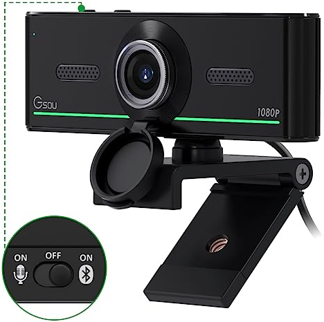 Gsou 1080P Bluetooth Webcam, Bluetooth Headset Webcam anschließen, hohe Klangqualität, PC Laptop Desktop HD USB Webkamera mit Mikrofon,Streaming Webcam für Zoom Meetings Skype Facetime Teams(webcam 1)