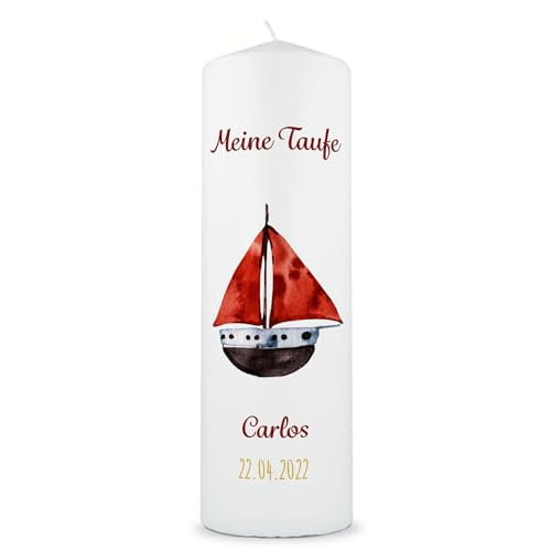 GRAVURZEILE Taufkerze Boot - Personalisiert mit Namen, Datum & Taufspruch - Hochwertige Stumpenkerze 250/80 mm - Personalisiertes Taufgeschenk für Mädchen & Jungen - Farbe: Mädchen