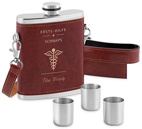 Maverton Flachmann mit Gravur - personalisiert - 250 ml - aus Edelstahl - 3x10 ml Pinnchen - Lederetui mit Riemen - Geburtstagsgeschenk und mehr - Farbe: Silber/Braun - Erste-Hilfe