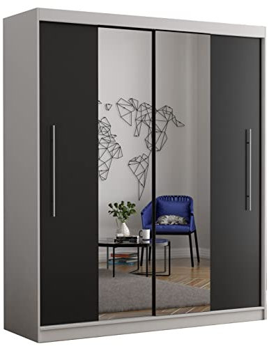 Fabryka Mebli Idźczak Kleiderschrank mit Spiegel, Wohnzimmerschrank - Schwarz, Weiß Schwebetürenschrank, Schlafzimmerschrank - ‎58 x 204 x 218 cm - Schrank für Schlafzimmer, Wohnzimmer, Garderobe