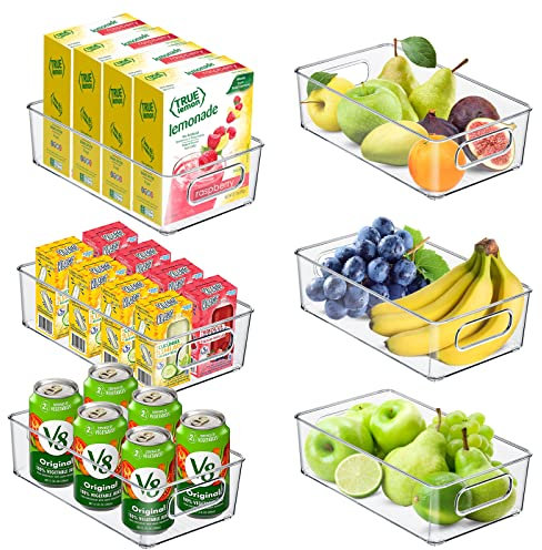 Yitriden 6 Packs Fridge Organisers Bins, Clear Plastic Food Storage Containers with Handles, Perfect Kitchen Organization or Pantry Storage, for Freezer, Kitchen, Countertops, Cabinets