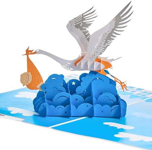 Magic Moments® Fliegender Storch Pop Up Karte – Wunderschöne 3D Geburtstagskarte mit Umschlag – Geburtskarte für Jungen, Geldgeschenk zur Geburt – Glückwunschkarte zur Geburt des Sohnes