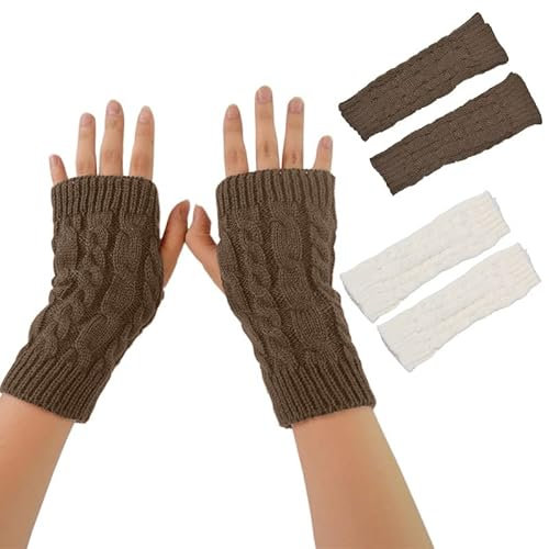 Scettar Handstulpen, 2 Paar Weicher Strick Handschuhe Ohne Finger, Winter Handschuhe Fingerlos Für Mädchen, Fingerlose Handschuhe Damen Für Weihnachten/Geburtstagsgeschenk (Dunkelgrau, Weiß)