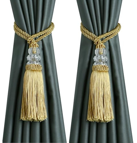 HedongHexi Curtain Tiebacks with Tassel, Outdoor Elegant Decorative Curtain Holdback,Modern Rope Window Curtain Ties Backs for Draperies 2 Pack (2, Gold)