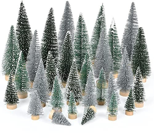 Woofty Künstlicher mattierter Sisal-Weihnachtsbaum, 30 Stück Flaschenbürste Bäume mit Holzbasis DIY Handwerk Mini Kiefer Baum für Weihnachten Zuhause Tischplatte Dekor Winter Ornament (Silbergrün)