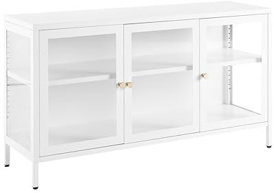 Sideboard Metall weiß mit Vitrine 3 Glastüren hohe Beine Griffe Gold Newport