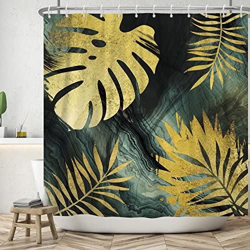 Bovlleetd 152x183cm Gold Monstera Leaf Duschvorhang Abstrakte Kunst Badezimmer Vorhang Bohemian Mid-Century Duschvorhänge Rosa Grau Pflanze Blätter Duschvorhänge für Bad Dekor