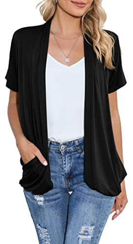HIYIYEZI Open Front Cardigan Sweaters for Women with Pockets Lightweight Short Sleeve Ruffle Front Kimono Cardigan Duster, A-01 Black, XXL