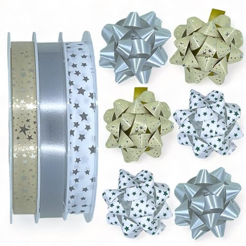 Set Ringelband Polyband Geschenk-Band Geschenkschleifen zum Basteln und Verpacken - glänzend & matt sortiert (champagner - silber - weiß, 3 Rollen Schleifenband + 6 Geschenkschleifen)