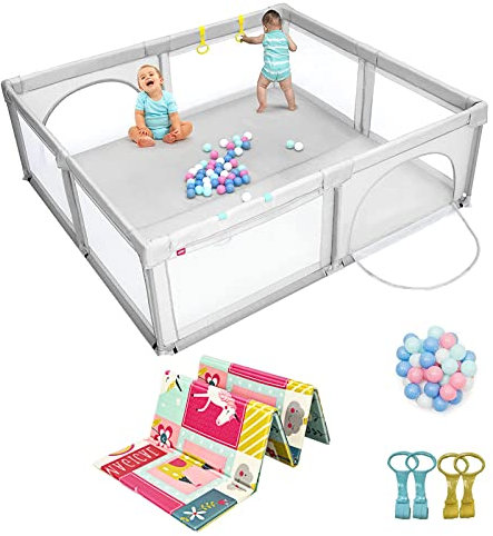COSTWAY 206 x 186cm Baby Laufstall mit Matratze, Laufgitter mit 50 Spielbällen & atmungsaktivem Netz, Krabbelgitter mit 2 Türen, Laufgitterzelt für Säuglinge & Kinder(Grau, Rosa Matratze)
