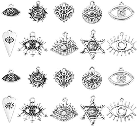 Ipotkitt 100 Stück 10 Stile Antik Auge Thema Charms Antik Pferd Auge David Stern mit Auge Evil Eye Dangle Charms für DIY Schmuckherstellung Handwerk