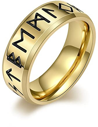 ZFSBRTL Wikinger Herren Edelstahl Rune Ring, Nordische Mythologie Vintage Poliert Schmuck Ehering Amulett Geschenk,Gold,10