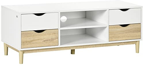 HOMCOM TV-Schrank, TV Lowboard, Fernsehschrank mit 4 Schubladen, 2 Fächern, Fernsehtisch für TV-Geräte bis zu 55 Zoll (1,4 m), TV Board mit Kabelöffnung, für Wohnzimmer 120 x 40 x 44,5 cm