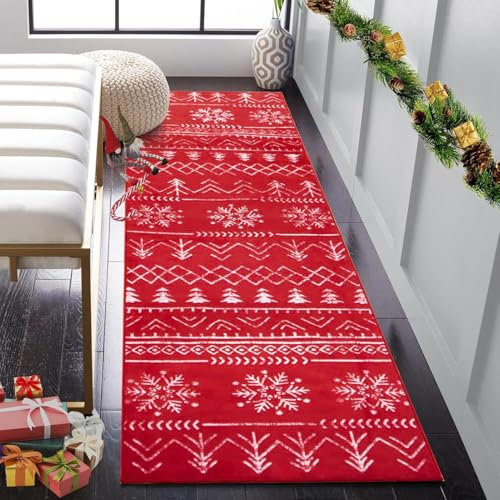 Carvapet Weihnachten Läufer Teppich 60x240cm rutschfest Lang Weihnachtsteppich Weiche Mikrofaser Schneeflocke Weihnachten Rot Waschbar Teppichläufer Küchenteppich Flächenteppich Laufteppich