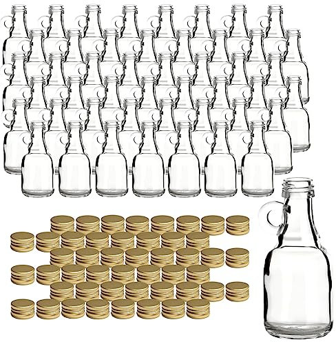 gouveo Lot de 48 bouteilles en verre de 50 ml, avec anse et bouchon à vis, mini bouteilles à remplir de 0,05 l, pour liqueur, eau-de-vie, huile (HF050SG)