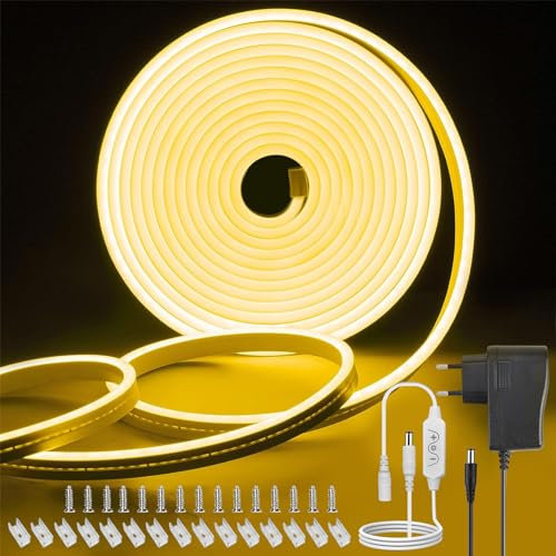 TVLIVE Neon LED Strip 5M,Warmweiss Neon LED Streifen 5M 12V Dimmbar,IP65 Wasserdicht Neon LED Band DIY Flexibel,LED Lichtband Diffusion Silikon,Led Leiste für Innen Außen Schlafzimmer Heim Küche Deko
