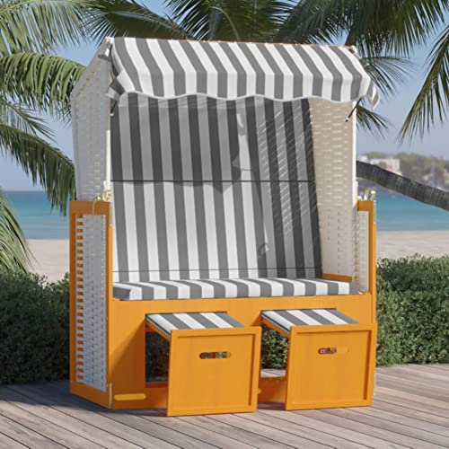 Homgoday Strandkorb Vordach aus Polyrattan und Massivholz, Weiß und Grau, Sichtschutz, Zelt für Garten, Balkon und Terrasse