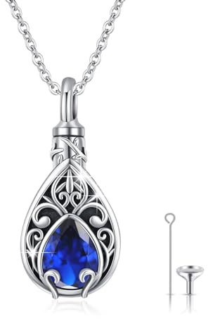 XIXLES Tree of Life Urn Necklace Teardrop Ashes Jewellery 925 Sterling Silver Urn Necklaces for Ashes Cremation Jewellery for Women Men Memorial Gifts for Human Ashes (9-Blue birthstone)
