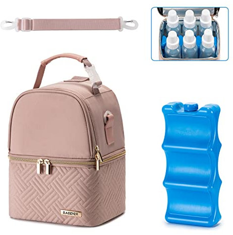 BABEYER Breastmilk Cooler Bag with Ice Pack Fits 6 Baby Bottles up to 270ml, Breastmilk Pump Bag with Shoulder Strap for Nursing Mom Daycare, Travel, Work, Pink
