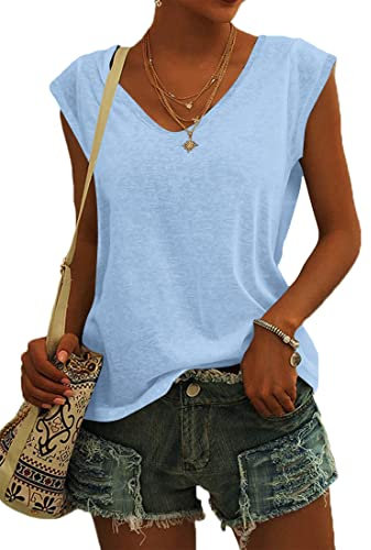 NARRAME T-Shirt d'été à Manches Courtes et col en V pour Femme - Débardeur léger et décontracté Uni Bleu Clair Grand L 42-44