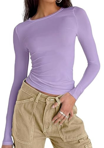 OYIGELZ Langarmshirt Damen Klassischer Basic T-Shirt Crop Tops Y2K Slim Fit Oberteile Sweatshirt Casual Rundhals Tee Shirt(Lila,XL)