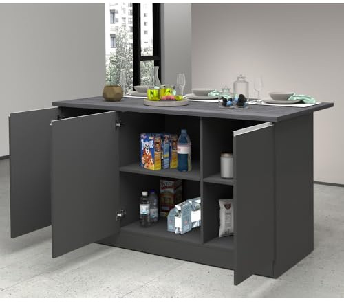 VE.CA – Isla de cocina Clarissa – Aparador de cocina – Mueble de cocina – Ideal para una cocina completa – Ideal como mesa de comedor – Color antracita / informe – Fabricado en Italia
