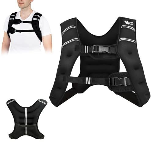 KOMFOTTEU Gewichtsweste 5-15 kg, Trainingsweste aus Neopren verstellbar, Fitnessweste Laufweste mit reflektierenden Streifen, Weighted Vest für Kraftraining Crosstraining, Schwarz