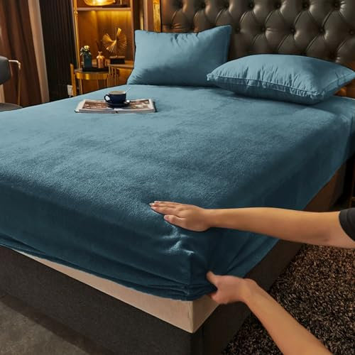 Gezu Drap Housse 180x200+30cm Bleu Drap de Lit en Flanelle de Laine et Velours Corail Housse de Matelas Chaleur Hivernale Hypoallergénique sans Repassage Ourlet Élastique Solide La Peut atteindre30cm