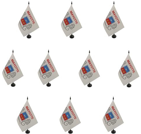 AZ FLAG - Lot de 10 Drapeau De Table Mayotte 21x14cm - 10 Petits Drapeaux Mahorais - France De Bureau 100% Polyester Avec Hampe De 25cm Et Socle En Plastique Noir