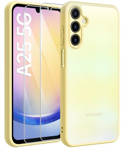 FLLAO Coque Compatible avec Samsung Galaxy A25 5G et 2 Pièces Verre Trempé, Protection Antichoc Qualité Militaire, Anti-Empreintes étui de Housse Arrière Translucide Givrée (Jaune)