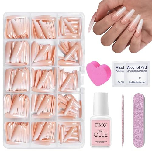 DMQ Ombre False Nails Kit, 240Pcs Nude White Gradient Press on Nail, Coffin Pink Tip Fake Nails Long, 15 Sizes Soft Gel Stick on Nails, Soak Off Acrylic Nails for Nail Extensions DIY