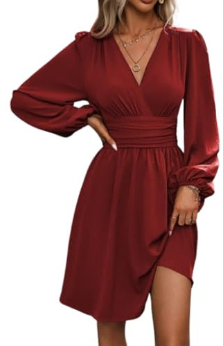 MAFA Femmes Robe Tunique Mini Robe Col en V Automne Hiver Longueur au Genou Casual Retro Respirant c-Rouge Rose XXL