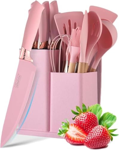 Lot de 19 ustensiles de cuisine en silicone avec support et couteaux de cuisine pour la cuisine, antiadhésifs et résistants à la chaleur, avec manche en bois (rose)