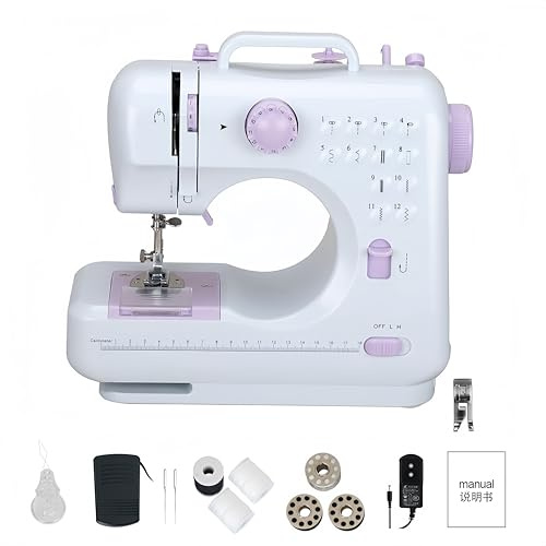 Letcart 505A Tragbare NäHmaschine FüR Kinder Und AnfäNger, 12 Stichmuster, LED Nählicht, Mini Mit FußPedal, HaushaltsnäHmaschine, Doppellinien-RüCkwäRtsstich Mit Zwei Geschwindigkeiten