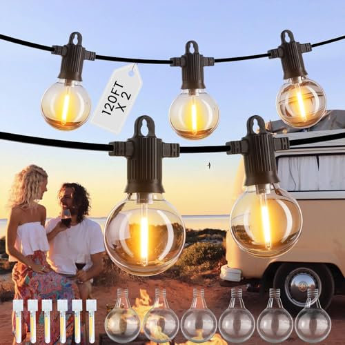 ZOTOYI Guirnalda Luces Exterior LED 240FT - IP65 Impermeable Luces Exterior Jardin con 110+6 Inastillable Bombillas 220V, Cadena de Luz para Patio, Balcón, Fiestas de Cumpleaños y Camping,2x120FT