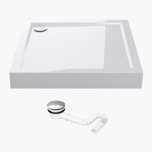Mai & Mai Deep Acrylic Shower Tray with Waste Trap for Shower Enclosures | Square Deep Acrylic Wet Room Base with Waste Outlet for Shower Enclosure Fitting, Glossy White, 100x100x14 cm, Faro1H + AL01