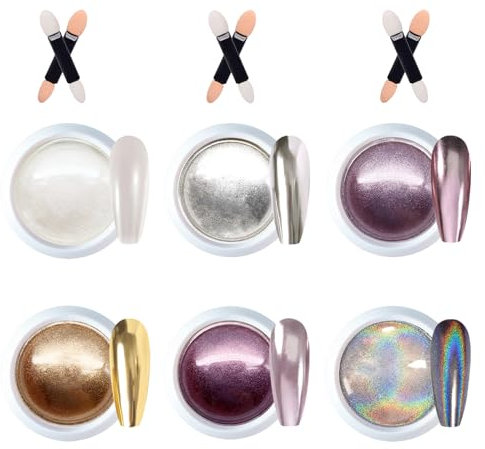 GZMAYUEN Chrome Nail Powder Metallic Mirror Effect Cromer Nail Powder, 6Pcs Pearl Chrome Powder Gold Chrome Holographic Powder for Nail Art Manicure Decoration