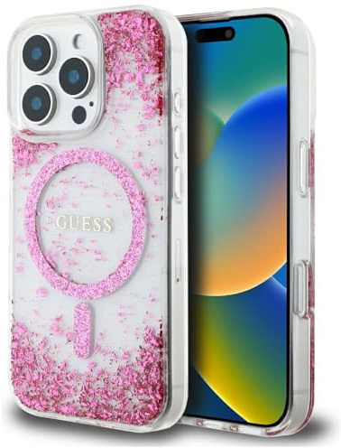 CG MOBILE Guess HC Resin Bottom Glitter Hülle für iPhone 16 Pro kompatibel mit MagSafe Rosa