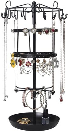 Naapesi 4-Stufiger Drehbarer Schmuckständer,24-Haken Schmuckbaum & 36 Ohrring-Halter, Metall Kettenhalter für Ohrring, Halskette, Armband, Schmuckhalter Ketten Aufbewahrung H42 x B20cm, Schwarz