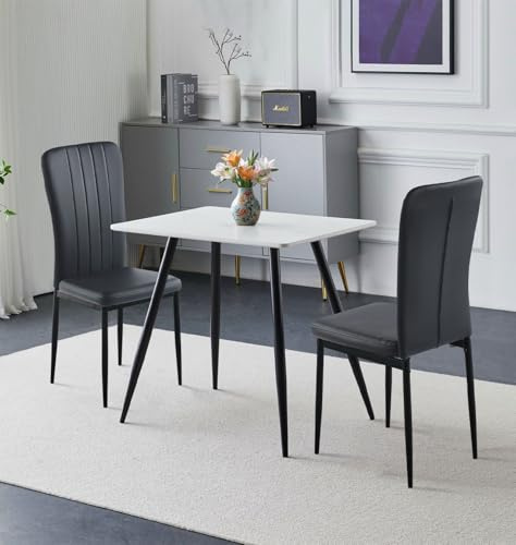 Hallowood Furniture Cullompton Kleiner Esstisch und Stühle Set 2, (0,8 m) Weiß Marmor Effekt Küchentisch und 2 Stühle Schwarz Kunstleder Polsterung mit Metallbeinen, Essgruppe für Zuhause & Café