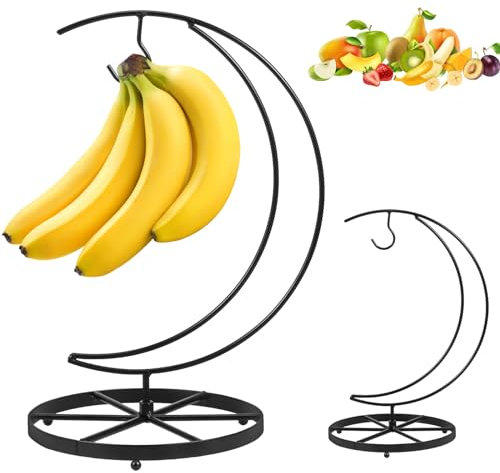 Ghshanog Banana Holder Stand,Metal Banana Tree Stand,Rust-Proof Banana Hanger Hook Multifunctional Vegetable Rack,Hanging Fruit Racks with Hook & Wider Base for Kitchen Countertop (Moon Style)