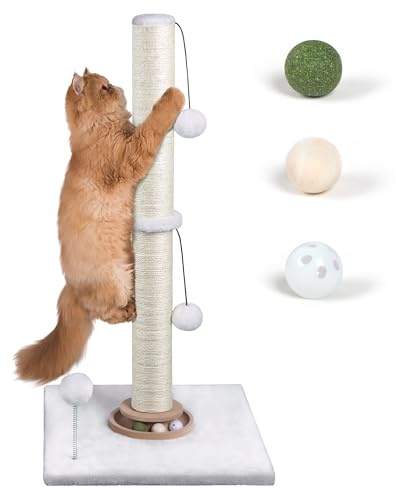 Fantasreen 78cm Kratzbaum mit Katzenminze-Bällen & Sisal, weiß | Kratzsäule für Wohnungen. Robustes Sisal-Kratzseil. Mit Katzenminze-Bällen. Geeignet für große Katzen. Stabile Basis.