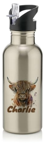 Personalised Highland Cow Custom Name Gift for Kids, Stainless Steel 600ml Water Bottle with Straw. (Silver)