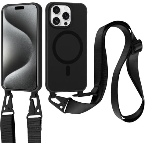 Jrkvniv Coque Magnétique pour iPhone 15 Pro Max avec Cordon, Compatible with MagSafe, Silicone Housse avec Lanyard Réglable Portable Antichoc Bandoulière Lanière Case pour iPhone 15 Pro Max 6,7, Noir